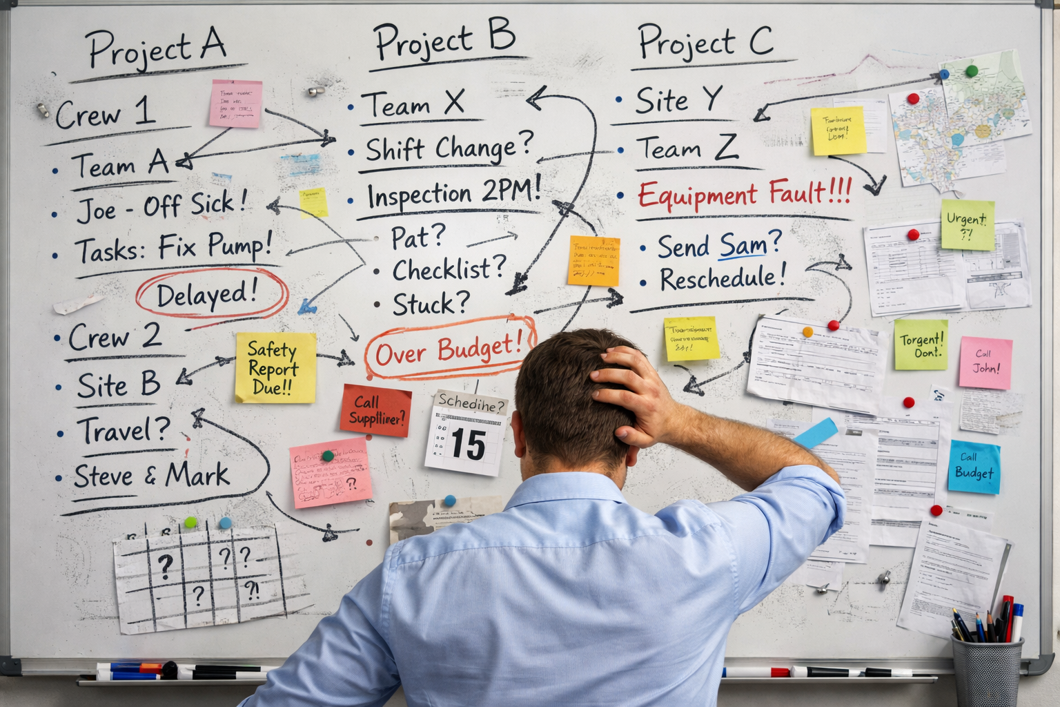 Overwhelmed manager looking at a chaotic project coordination whiteboard